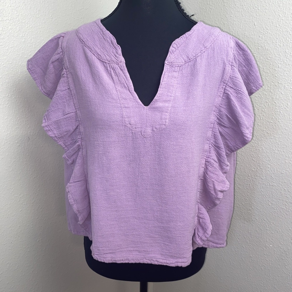 Oh My Gauze! Crop Top Women's 2 Purple Crinkle Gauze Ruffle Lagenlook Boho Artsy
